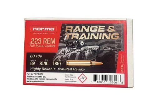 Norma Range & Training 223 Remington, 62gr, Full Metal Jacket, 20rd Box