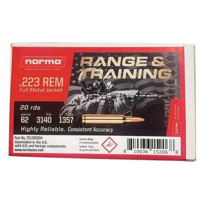 Norma Range & Training 223 Remington, 62gr, Full Metal Jacket, 20rd Box