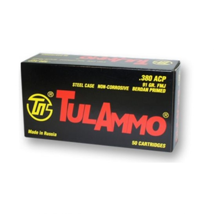 Tula .380 Auto/ACP 91gr Steel Cased Pistol Ammunition, 50 Rounds - TA380910