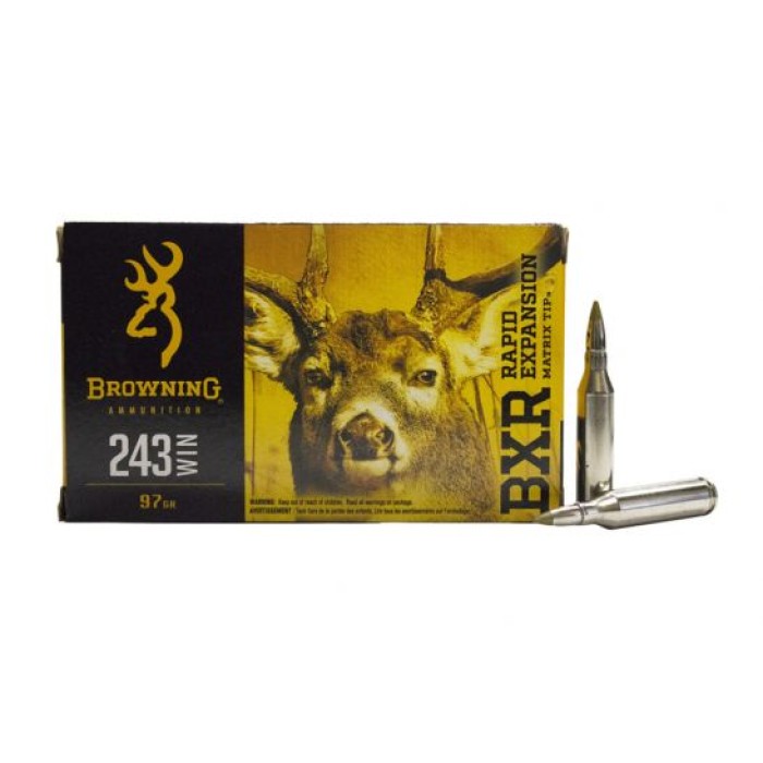 Browning 243 Winchester 97gr BXR Rapid Expansion Rifle Ammunition, 20 Round Box - B192102431