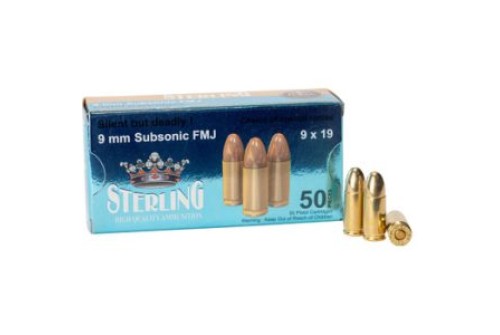 STERLING 9X19MM 147 GRAIN SUBSONIC FMJ BOX50 UPC: 8698779954345