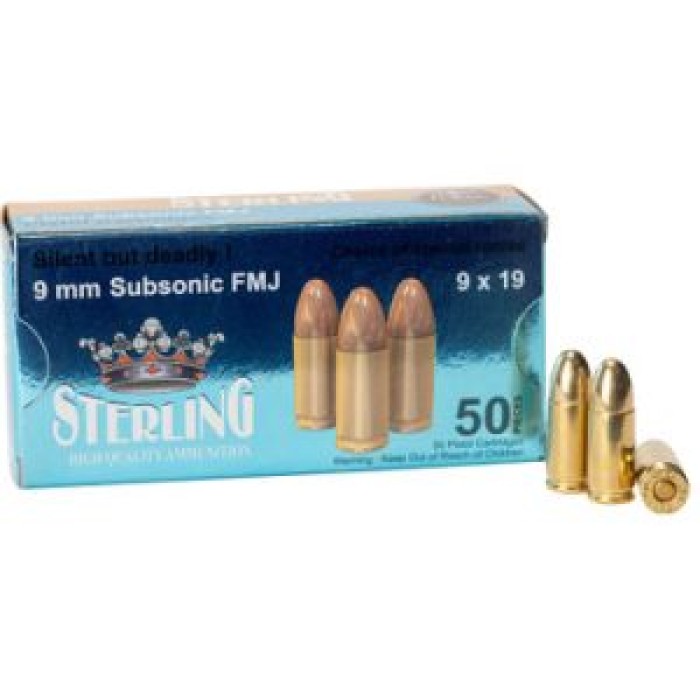 STERLING 9X19MM 147 GRAIN SUBSONIC FMJ BOX50 UPC: 8698779954345