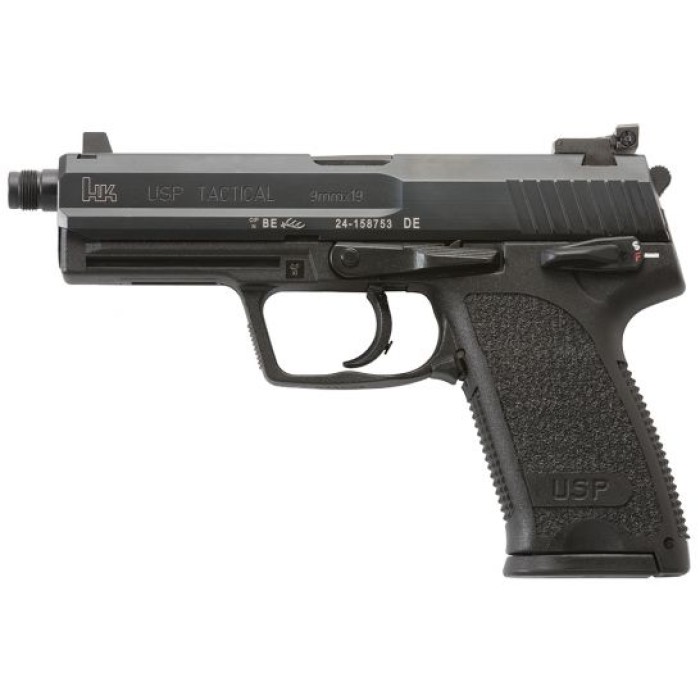 Heckler & Koch 81000347 Usp Tactical V1 9Mm Luger Caliber With 4.86" Threaded Barrel, 15+1 Capacity, Overall Black Finish, Serrated Trigger Guard Frame, Serrated Steel Slide & Polymer Grip Includes 2 Mags M709001T-A5