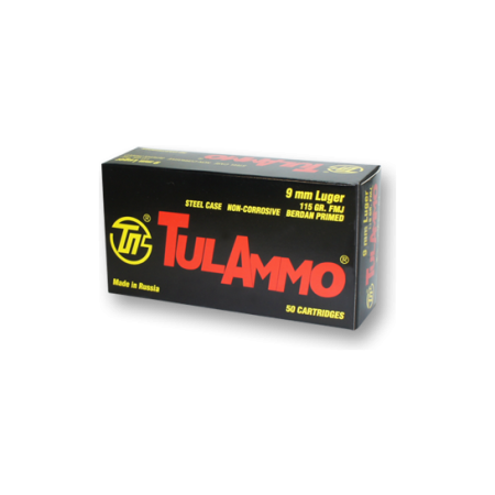 Tula 9mm Ammo 115 Grain FMJ Steel Cased, 50 rds/box - TA919150