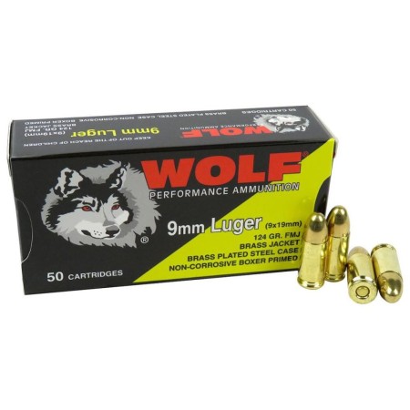 WOLF 9MM 124GR FMJ 50/BX BRASS PLTD - Brass Plated Steel Casing