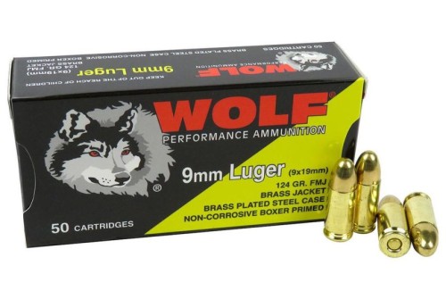 WOLF 9MM 124GR FMJ 50/BX BRASS PLTD - Brass Plated Steel Casing