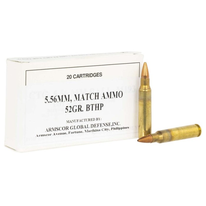 Armscor Rifle Ammo, Arms 50255 5.56mm Match Proof Bthp 52-gr 20rds