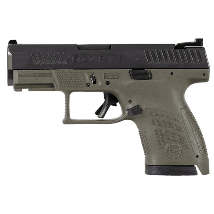 CZ P-10 S Sub-compact 9mm, 3.5" Barrel, Nitride Slide Finish, Olive Drab Green, 3 Backstraps, Fixed Sights, Integrated Trigger Safety, Reversible Mag Catch, 12rd