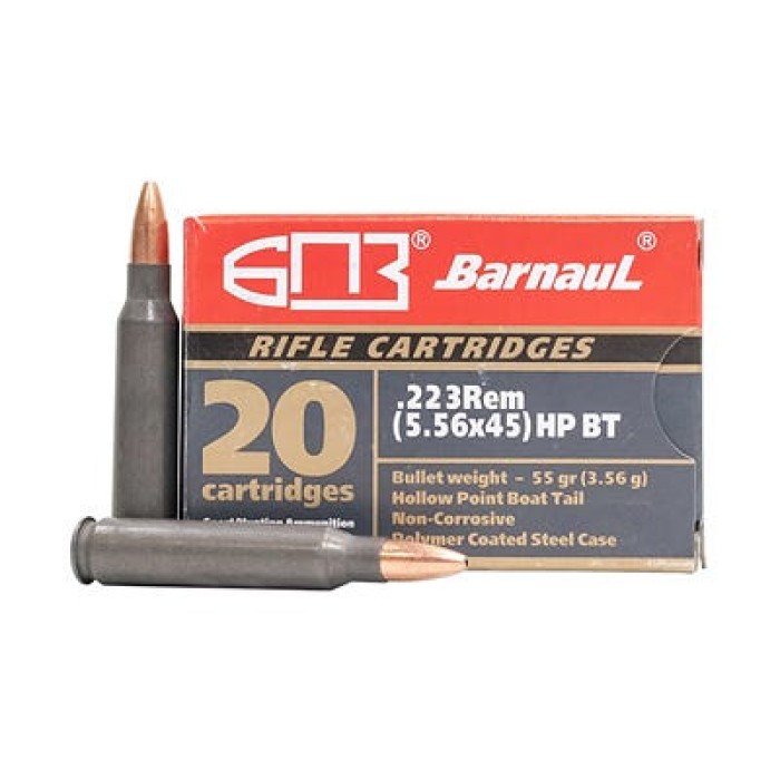 Barnaul Ammunition, 223 Remington, 55Gr, Boat Tail Hollow Point, 20 Round Box, Steel Polycoated Case