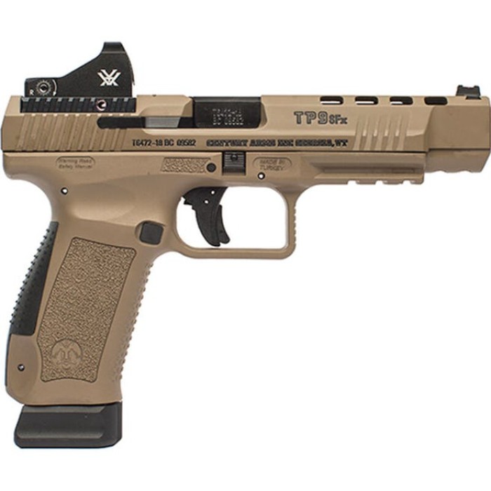 CANIK TP9SFx Striker Fired 9MM 5.2" Match Grade Barrel Two 20 Round Magazines with Vortex Vipee Red Dot Site Tan