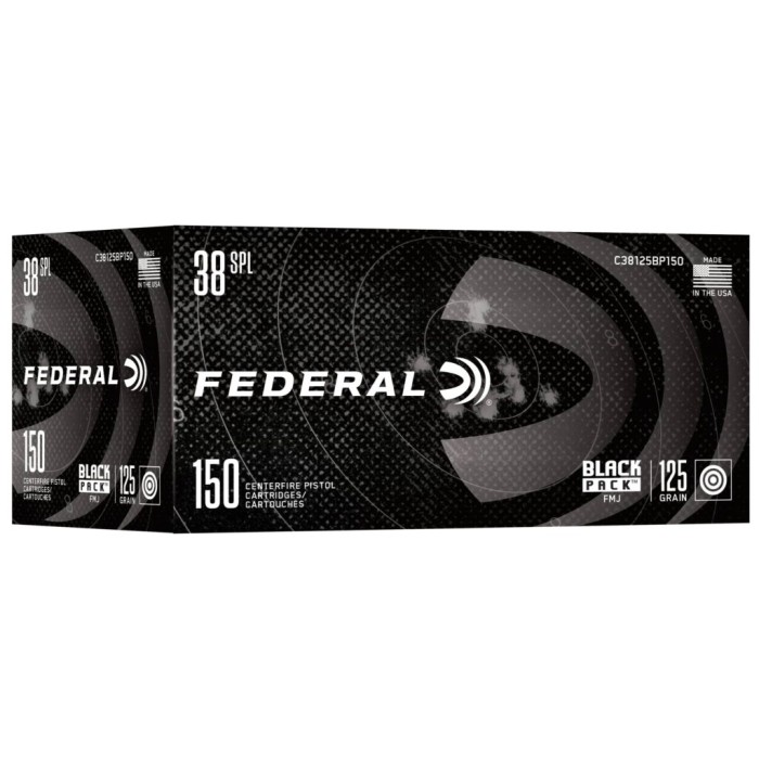 Federal Black Pack 38 Special 125 Grain Full Metal Jacket Handgun Ammo - 150 round box Federal Black Pack 38 Special 125 Grain Full Metal Jacket Handgun Ammo - 150 round box