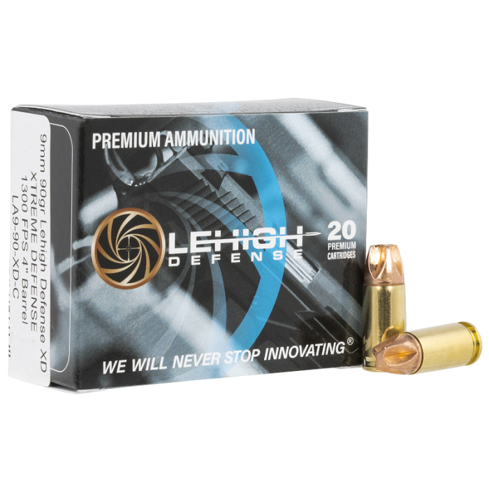 Lehigh Defense Xtreme Defense 9mm Luger 90 Grain Brass Cased Pistol Ammunition, 20 Rounds, LA990XDC