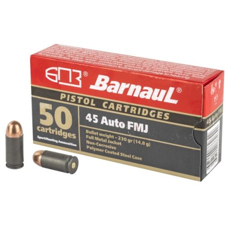 Barnaul Ammunition, 45 ACP, 230Gr, Full Metal Jacket, Steel Polycoated Case, 50 Round Box