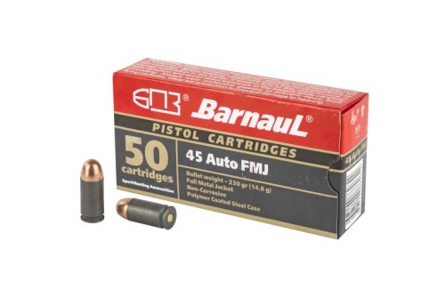 Barnaul Ammunition, 45 ACP, 230Gr, Full Metal Jacket, Steel Polycoated Case, 50 Round Box