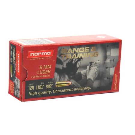 Norma Range & Training FMJ 9mm Luger 124gr Pistol Ammo (50/box) 620340050