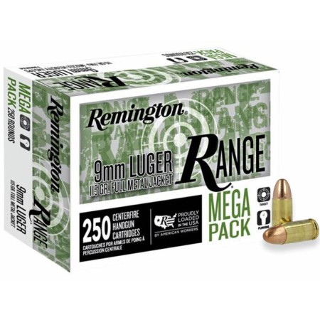 Remington Range Handgun Ammunition 9mm Luger 115gr FMJ 1145 fps 250/ct