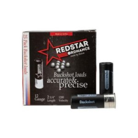 RedStar Ordnance 12 Gauge 9 Pellet 2 3/4in 00 Buck Centerfire Shotgun Ammo, 25 Rounds, Black, RSOBUCK