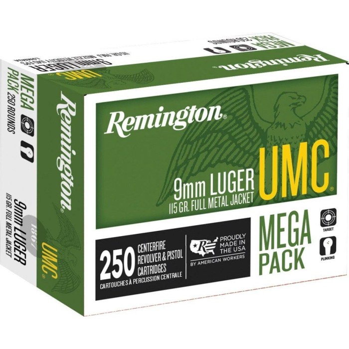 Remington Umc Handgun Ammunition 9Mm Luger 115 Gr. Fmj 1145 Fps 1000/Ct (4-250/Box) 23777 CASE