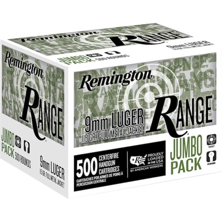 Remington Range 9mm Luger 115gr Full Metal Jacket Handgun Ammo - 500 Rounds