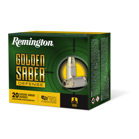 Remington Golden Saber Defense 45 Auto +P 185 Grain Brass Jacketed Hollow Point Nickel-Plated Cased Pistol Ammunition, 20 Rounds, 27611