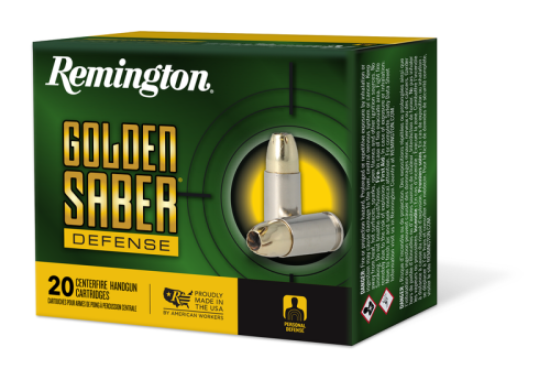 Remington Golden Saber Defense 45 Auto +P 185 Grain Brass Jacketed Hollow Point Nickel-Plated Cased Pistol Ammunition, 20 Rounds, 27611