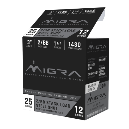 MIGRA AMMUNITION COMBINATIONAL 12GA 3-INCH 1-1/4OZ 2-BB SHOT 25 ROUNDS PER BOX