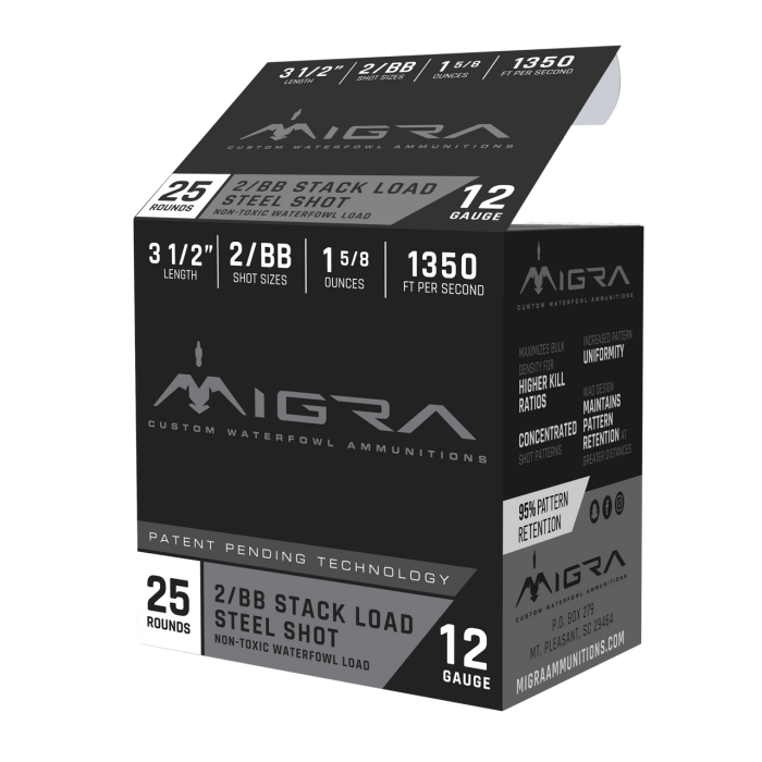 MIGRA AMMUNITION COMBINATIONAL 12GA 3.5-INCH 1-5/8OZ 2-BB SHOT 25 ROUNDS PER BOX