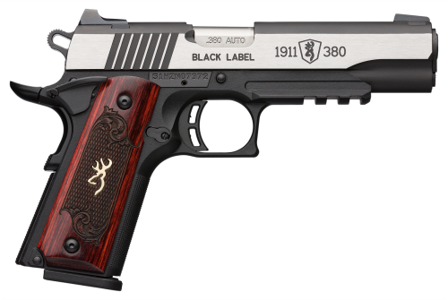 Browning, 1911-380, Black Label Medallion Pro, 380 ACP, 4.25" Barrel, Black and Silver Two-Tone Color, Matte Finish, Composite Frame, Ambi Safety, Laminate Grips, White 3 Dot Sights, 8rd Mags