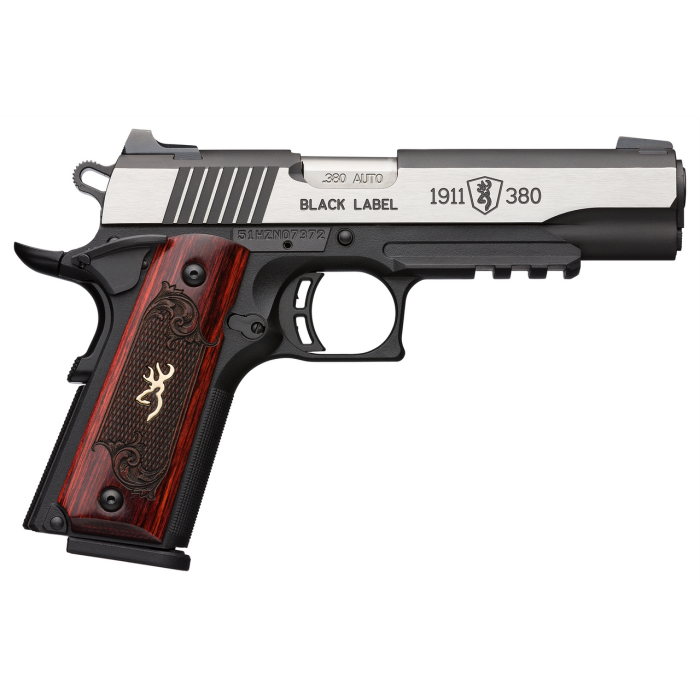 Browning, 1911-380, Black Label Medallion Pro, 380 ACP, 4.25" Barrel, Black and Silver Two-Tone Color, Matte Finish, Composite Frame, Ambi Safety, Laminate Grips, White 3 Dot Sights, 8rd Mags