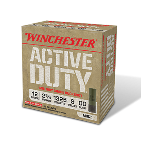 Winchester Active Duty 12 Gaude 00 Buck 2.75in Centerfire Shotgun Buckshot Ammunition, 25 Rounds, WIN1200MG