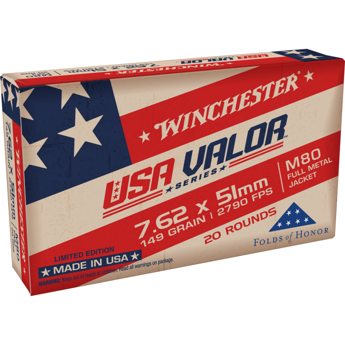 Winchester USA Valor Rifle Ammo 7.62x51mm NATO 149-Grain Full Metal Jacket (FMJ) 20-Rounds