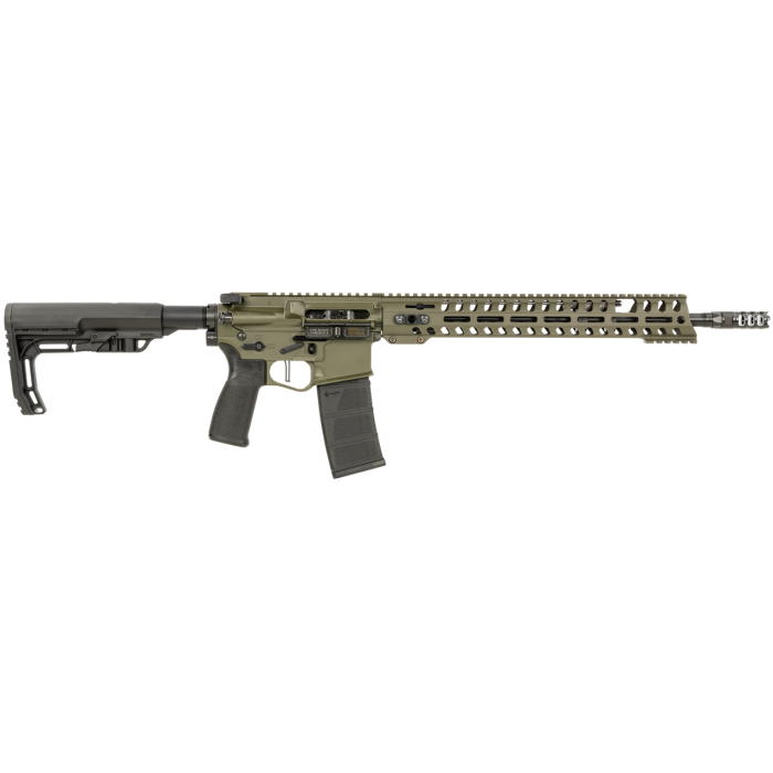 Patriot Ordnance Factory Renegade, 5.56 NATO, 16.50" Barrel, Olive Drab Green, 3-Port Muzzle Brake, 14.50",  Black MFT Minimalist Stoc, 30Rd