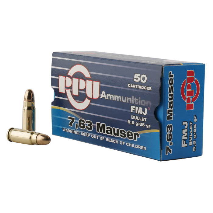 PPU Standard Rifle Brass 7.63x25mm Mauser 85-Grain 50-Rounds FMJ