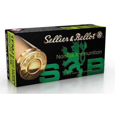 Sellier & Bellot 9mm Luger 124 Grain Full Metal Jacket Brass Cased Centerfire Pistol Ammo, Non-Toxic, 50 Rounds, SB9NTB