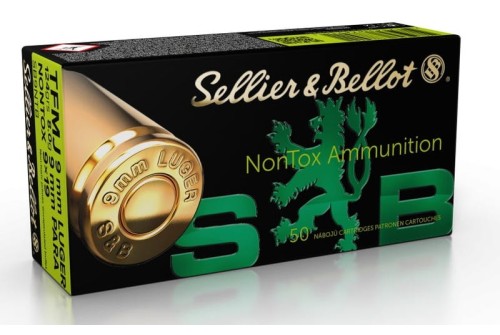 Sellier & Bellot 9mm Luger 124 Grain Full Metal Jacket Brass Cased Centerfire Pistol Ammo, Non-Toxic, 50 Rounds, SB9NTB