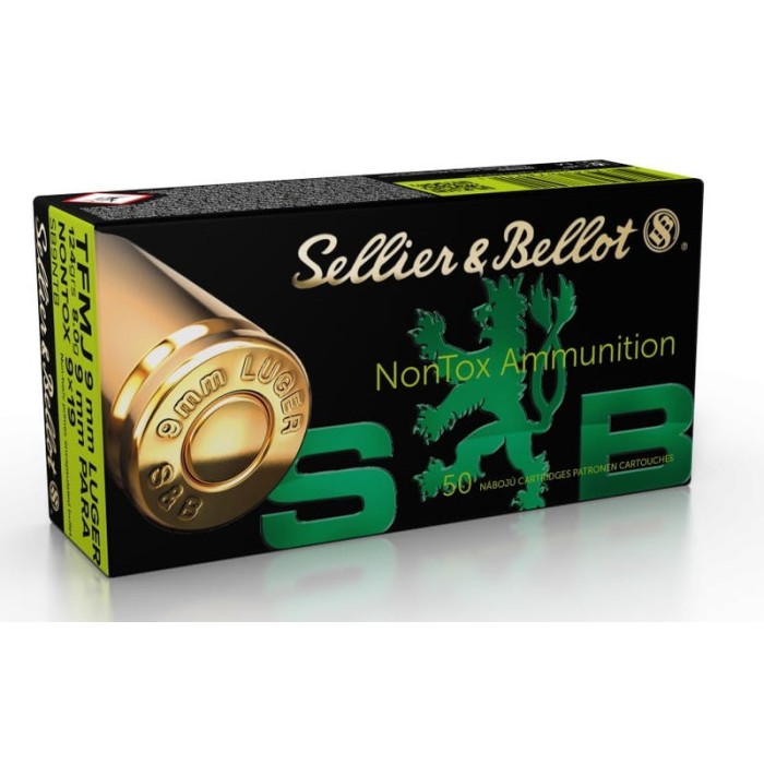 Sellier & Bellot 9mm Luger 124 Grain Full Metal Jacket Brass Cased Centerfire Pistol Ammo, Non-Toxic, 50 Rounds, SB9NTB