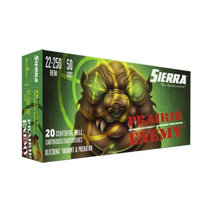 Sierra Prairie Enemy .22-250 Remington 50 grain Sierra BlitzKing Nickel Plated Brass Cased Centerfire Rifle Ammo, 20 Rounds, A1451--14