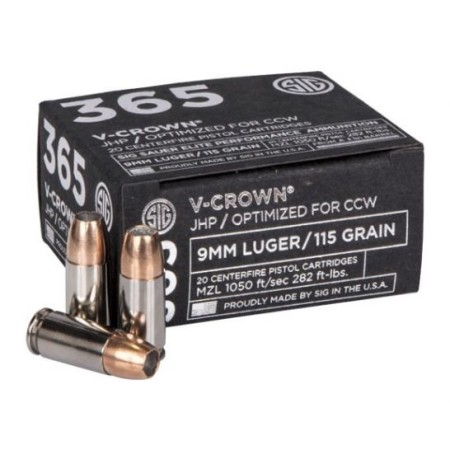 Sig Sauer 365 9mm 115gr Elite V-Crown JHP Ammunition,  20 Rounds - E9MMA1-365-20