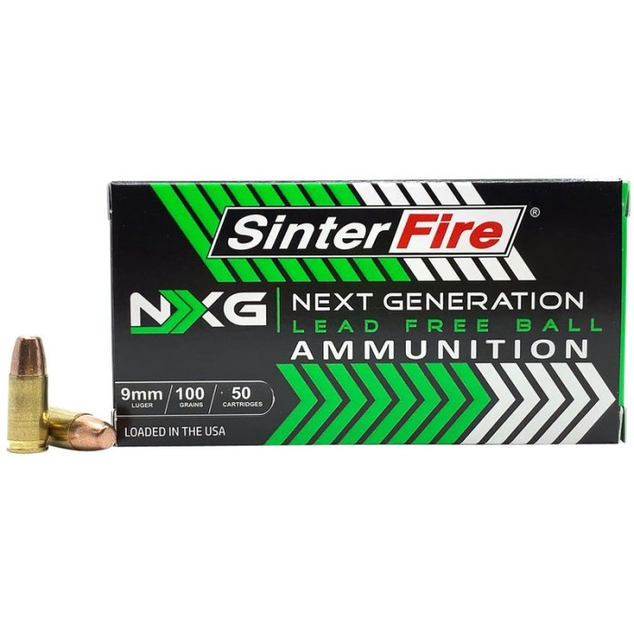 SinterFire NXG Lead Free Ball 9 mm Luger 100 Grain Brass Cased Pistol Ammo, 50 Rounds, SF9100NXG