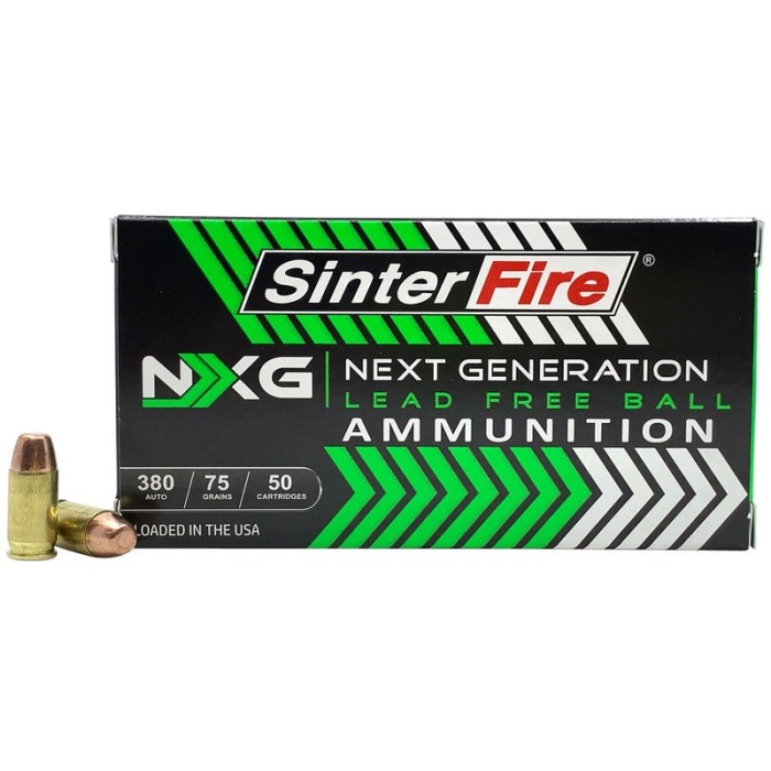 SinterFire NXG Lead Free Ball 380 Auto 75 Grain Brass Cased Pistol Ammo, 50 Rounds, SF38075NXG