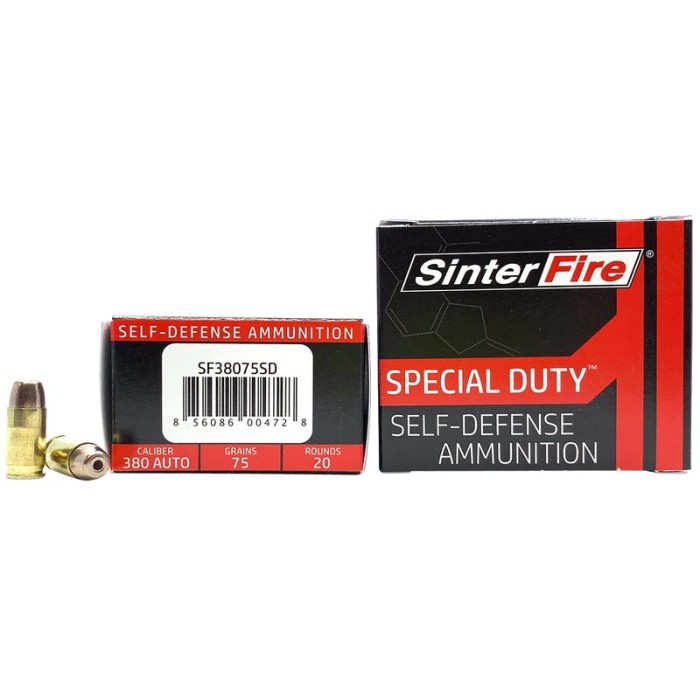 SinterFire Special Duty Self-Defense 380 Auto 75 Grain Brass Cased Pistol Ammo, 20 Rounds, SF38075SD