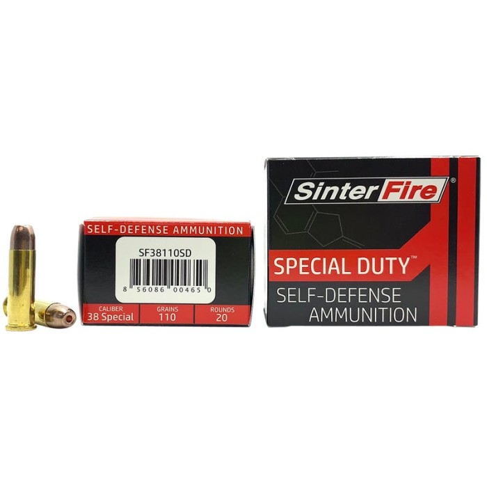 SinterFire Special Duty Self-Defense 38Spcl 110 Grain Brass Cased Pistol Ammo, 20 Rounds, SF38110SD