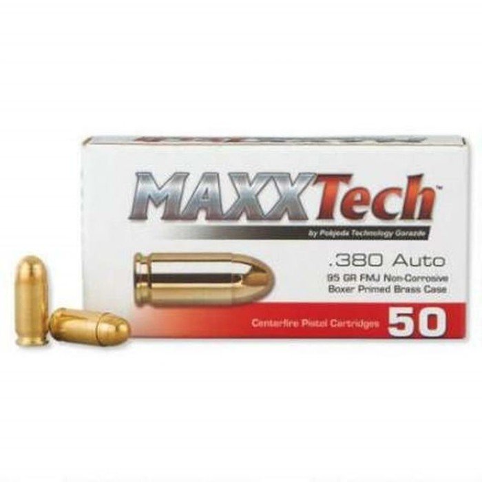 TulAmmo Maxxtech Brass Case Handgun Ammunition .380 ACP 95 gr FMJ 1000/ct Case, PTGB380BC