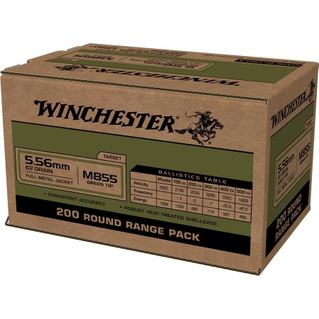 Winchester Lake City 5.56mm M855 Green Tip 62gr FMJ 4-200 RD Boxes 800 RD Case, WM855200C