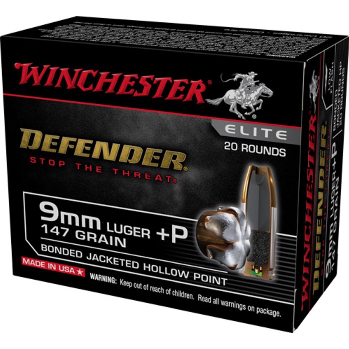 Winchester Defender 9 mm Luger +P 147 Grain Bonded Jacketed Hollow Point Centerfire Pistol Ammunition, 20 Rounds, S9 mmPDB2