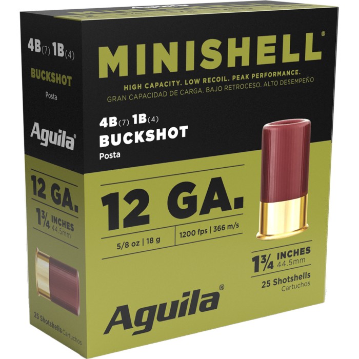 Aguila 1CHB1385 Minishell Buckshot 12 Gauge 1.75" 5/8 oz 4B (7P)/1B (4P) Shot 25 Per Box/ 10 Case