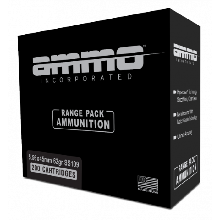 Ammo, Inc. 5.56x45mm NATO, 62 Grain, SS109 Penetrator Steel Core FMJ, Brass Centerfire Rifle Ammo, 200 Rounds, 556062FMJ-A200