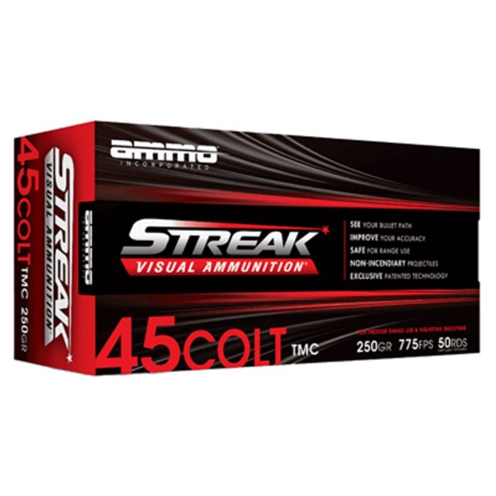 Ammo Inc Streak Visual 45 Long Colt, 250gr, Non-Incendiary Red Tracer Bullet, 50rd Box