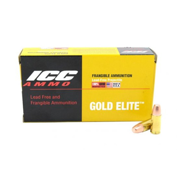 ICC Ammo Gold Elite 9mm 100 Grain Frangible Flat Point Brass Pistol Ammunition, 50 Rounds, 009-100XFP-B