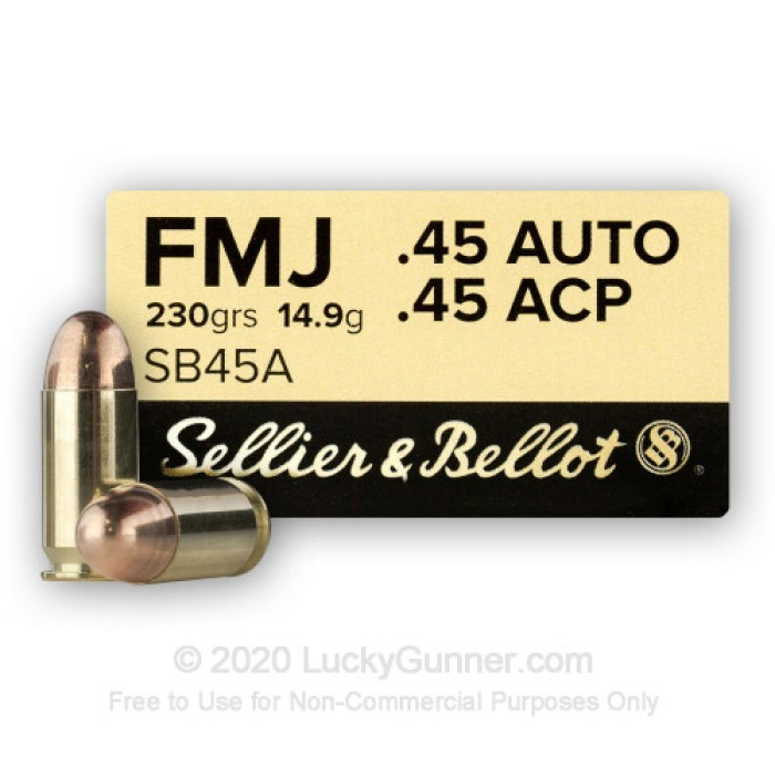 45 ACP - 230 Grain FMJ - Sellier & Bellot - 1000 Rounds